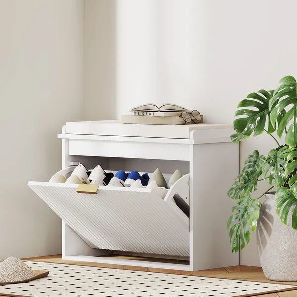 Shoe Storage Bench with Padded Seat Cushion and Flip-Drawer, Entryway Bench, Shoe Cabinet, 24.4x10.2x18.7 Inches, White - product image 2