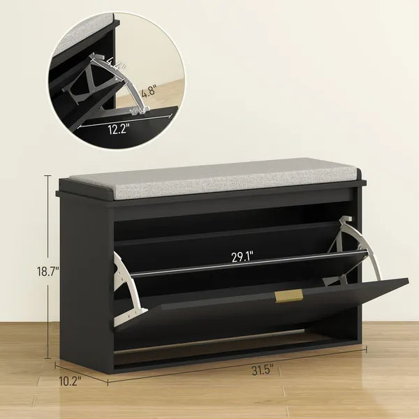 HOMCOM Shoe Storage Bench with Padded Seat Cushion and Flip-Drawer, Entryway Bench, Shoe Cabinet, 31.5x10.2x18.7 Inches, Black - product image 3