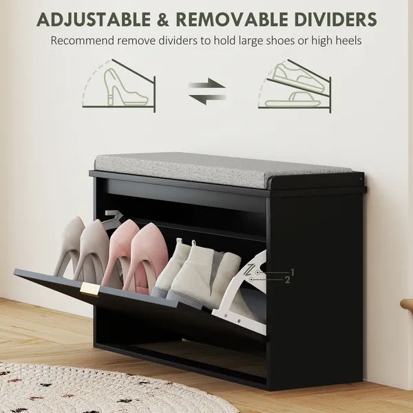 HOMCOM Shoe Storage Bench with Padded Seat Cushion and Flip-Drawer, Entryway Bench, Shoe Cabinet, 31.5x10.2x18.7 Inches, Black - product image 6