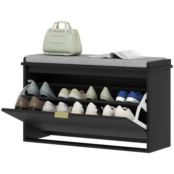 HOMCOM Shoe Storage Bench with Padded Seat Cushion and Flip-Drawer, Entryway Bench, Shoe Cabinet, 31.5x10.2x18.7 Inches, Black - product image 1