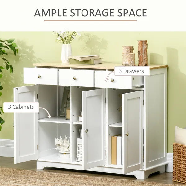 HOMCOM Sideboard Buffet Cabinet, 3-Doors Kitchen Cabinet, Coffee Bar Storage with 3 Drawers, Adjustable Shelf for Living Room and Hallway, White - product image 4