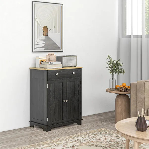 Sideboard Buffet Cabinet Black Kitchen Coffee Bar Storage with Solid Wood Top Adjustable Shelf 2 Drawers for Living Room - product image 2