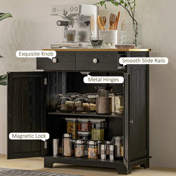 Sideboard Buffet Cabinet Black Kitchen Coffee Bar Storage with Solid Wood Top Adjustable Shelf 2 Drawers for Living Room - product image 7