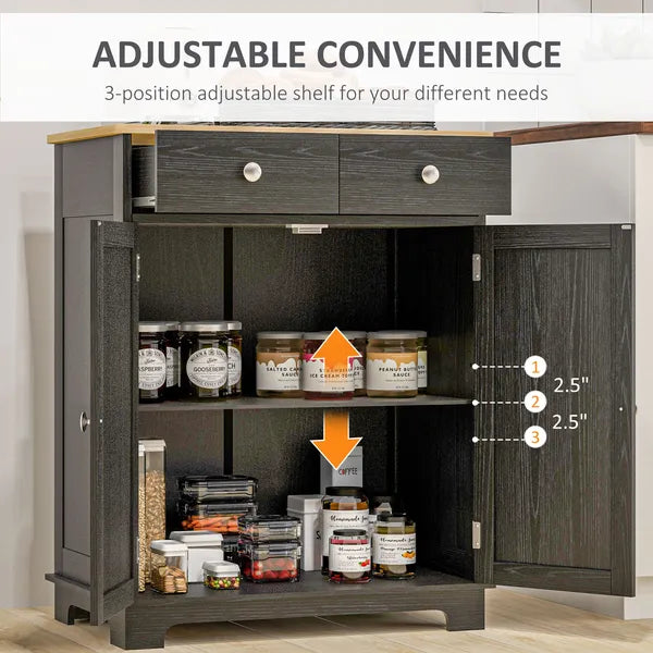 Sideboard Buffet Cabinet Black Kitchen Coffee Bar Storage with Solid Wood Top Adjustable Shelf 2 Drawers for Living Room - product image 6