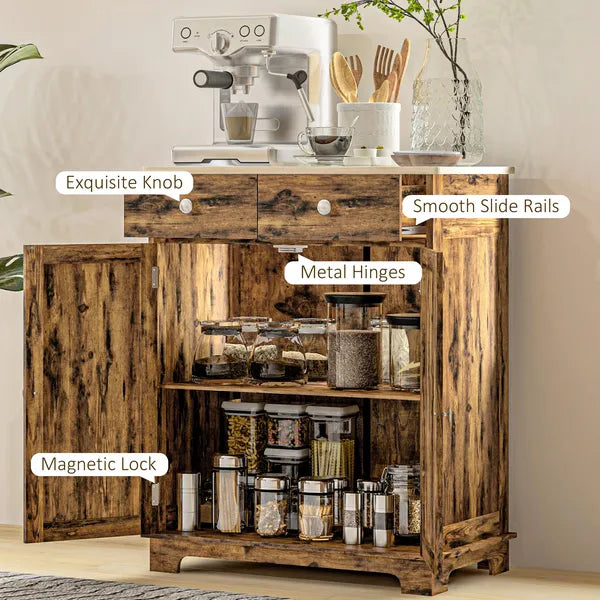 Sideboard Buffet Cabinet Brown Kitchen Coffee Bar Storage with Solid Wood Top Adjustable Shelf 2 Drawers for Living Room - product image 7