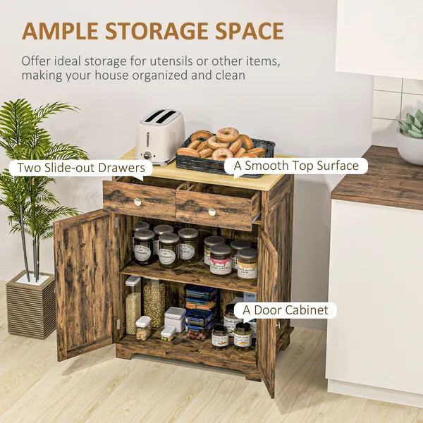 Sideboard Buffet Cabinet Brown Kitchen Coffee Bar Storage with Solid Wood Top Adjustable Shelf 2 Drawers for Living Room - product image 4