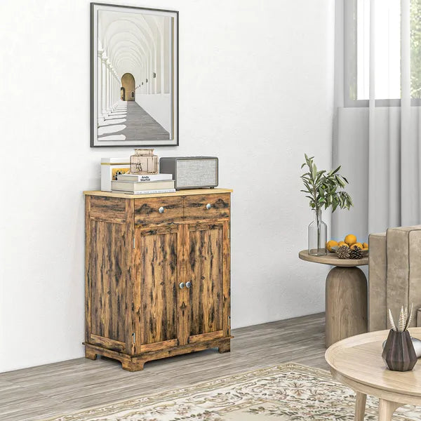 Sideboard Buffet Cabinet Brown Kitchen Coffee Bar Storage with Solid Wood Top Adjustable Shelf 2 Drawers for Living Room - product image 2