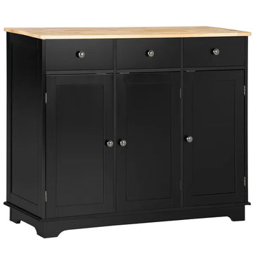 Sideboard Buffet Rubberwood Top 3 Drawers 3 Cabinets Adjustable Shelves Black Kitchen - product image 1