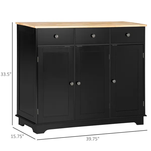 Sideboard Buffet Rubberwood Top 3 Drawers 3 Cabinets Adjustable Shelves Black Kitchen - product image 3