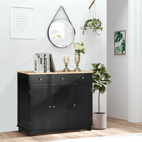 Sideboard Buffet Rubberwood Top 3 Drawers 3 Cabinets Adjustable Shelves Black Kitchen - product image 2