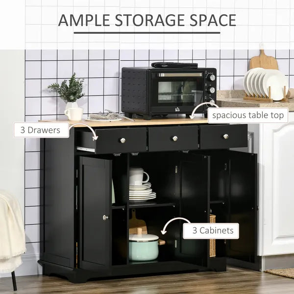 Sideboard Buffet Rubberwood Top 3 Drawers 3 Cabinets Adjustable Shelves Black Kitchen - product image 4