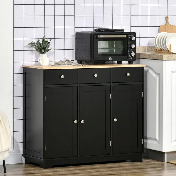Sideboard Buffet Rubberwood Top 3 Drawers 3 Cabinets Adjustable Shelves Black Kitchen - product image 10