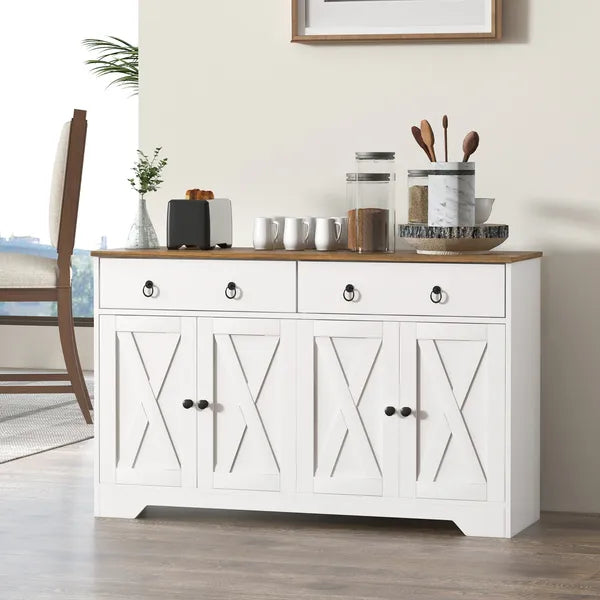 HOMCOM Sideboard Buffet with 2 Drawers, 4 Barn Doors and 2 Adjustable Shelves, Kitchen Buffet Cabinet for Living Room, White - product image 2