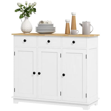 HOMCOM Sideboard with Solid Wood Countertop, Kitchen Storage Cabinet, Coffee Bar Cabinet with Drawers, Doors and Adjustable Shelf, White - product image 1