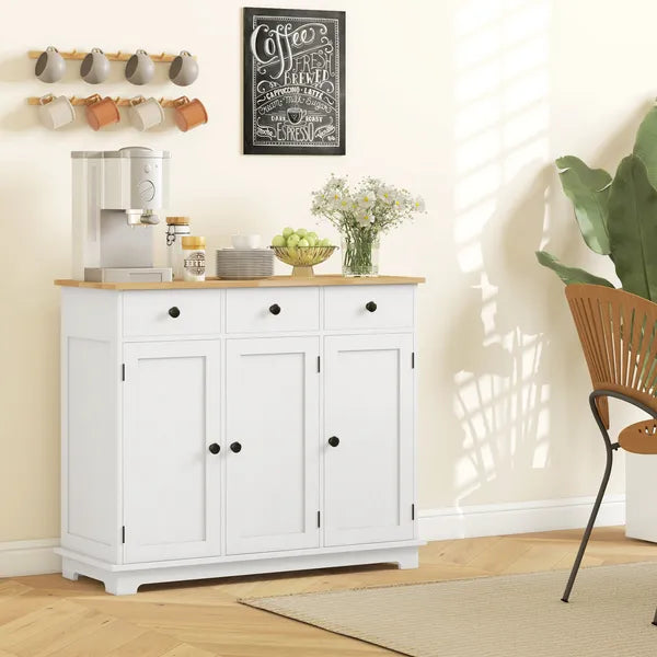 HOMCOM Sideboard with Solid Wood Countertop, Kitchen Storage Cabinet, Coffee Bar Cabinet with Drawers, Doors and Adjustable Shelf, White - product image 8