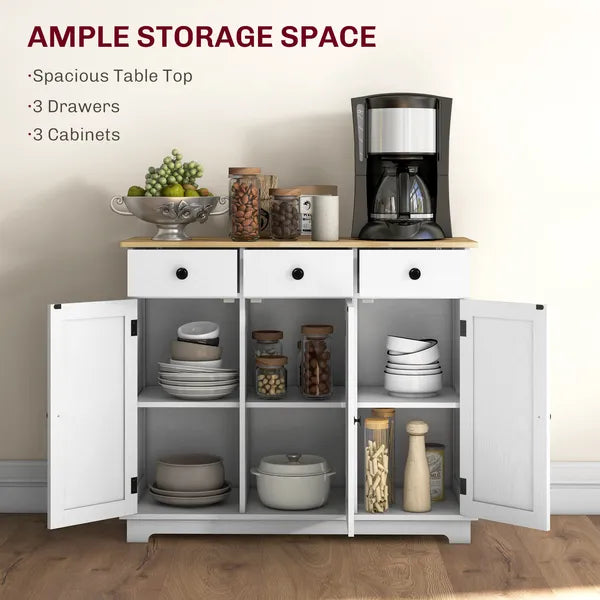 HOMCOM Sideboard with Solid Wood Countertop, Kitchen Storage Cabinet, Coffee Bar Cabinet with Drawers, Doors and Adjustable Shelf, White - product image 4