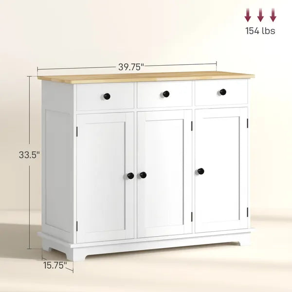 HOMCOM Sideboard with Solid Wood Countertop, Kitchen Storage Cabinet, Coffee Bar Cabinet with Drawers, Doors and Adjustable Shelf, White - product image 3