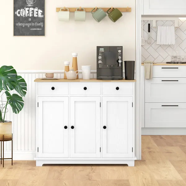 HOMCOM Sideboard with Solid Wood Countertop, Kitchen Storage Cabinet, Coffee Bar Cabinet with Drawers, Doors and Adjustable Shelf, White - product image 2