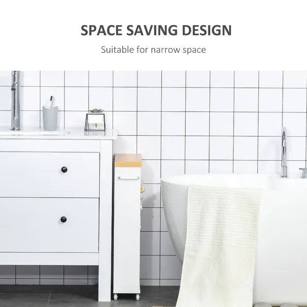 Kleankin Slim Bathroom Storage Cabinet Rolling Wheels Shelves Toilet Paper Holder White - product image 5