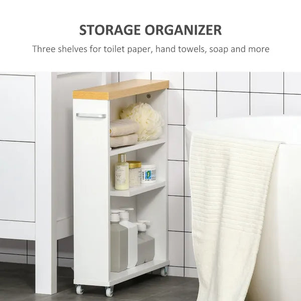 Kleankin Slim Bathroom Storage Cabinet Rolling Wheels Shelves Toilet Paper Holder White - product image 4