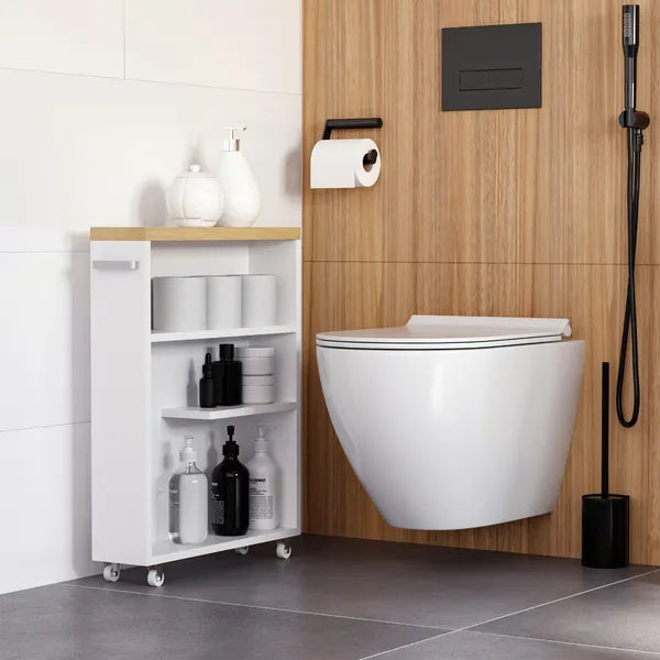 Kleankin Slim Bathroom Storage Cabinet Rolling Wheels Shelves Toilet Paper Holder White - product image 8
