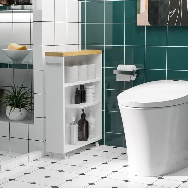 Kleankin Slim Bathroom Storage Cabinet Rolling Wheels Shelves Toilet Paper Holder White - product image 2