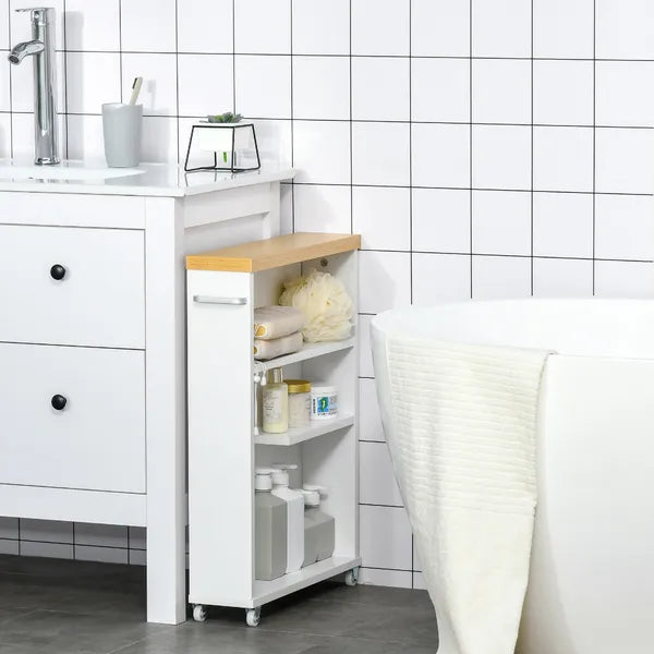 Kleankin Slim Bathroom Storage Cabinet Rolling Wheels Shelves Toilet Paper Holder White - product image 7