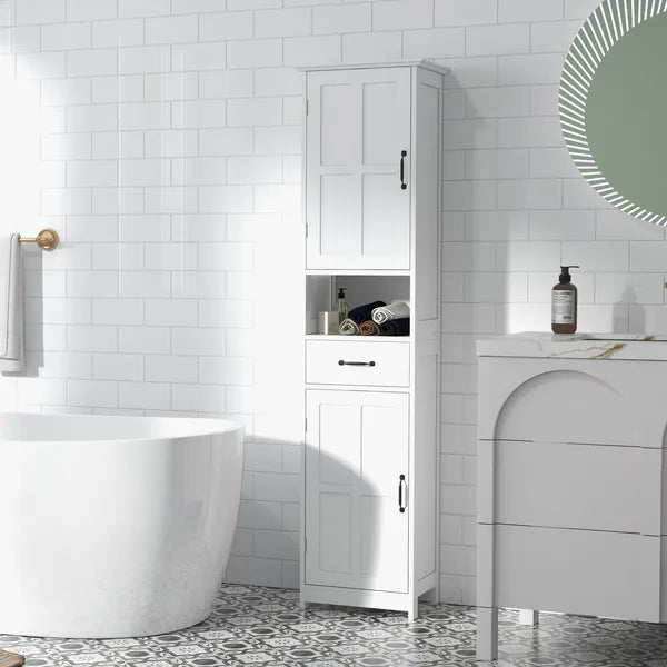 Kleankin Slim Bathroom Storage Cabinet, Tall Linen Tower with Open Shelf, Drawer, Recessed Doors and Adjustable Shelves, White - product image 10