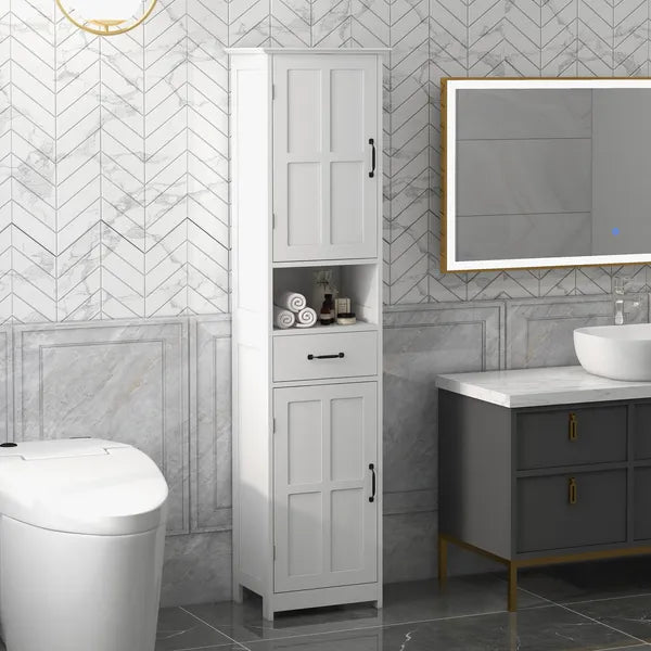 Kleankin Slim Bathroom Storage Cabinet, Tall Linen Tower with Open Shelf, Drawer, Recessed Doors and Adjustable Shelves, White - product image 7