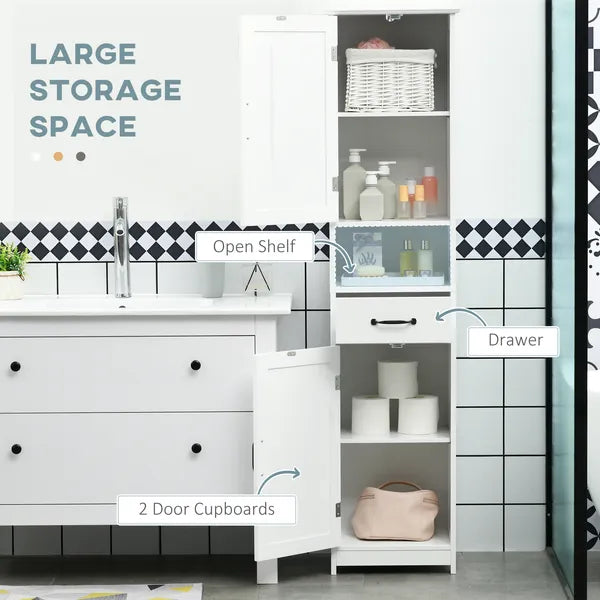 Kleankin Slim Bathroom Storage Cabinet, Tall Linen Tower with Open Shelf, Drawer, Recessed Doors and Adjustable Shelves, White - product image 4