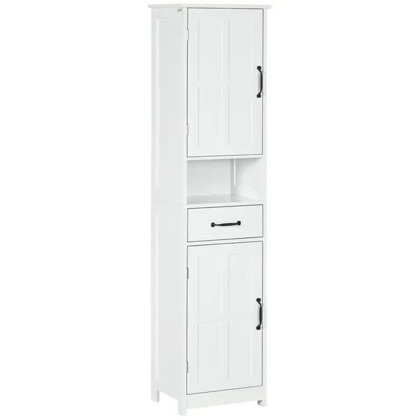 Kleankin Slim Bathroom Storage Cabinet, Tall Linen Tower with Open Shelf, Drawer, Recessed Doors and Adjustable Shelves, White - product image 1