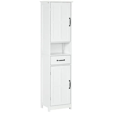 Kleankin Slim Bathroom Storage Cabinet, Tall Linen Tower with Open Shelf, Drawer, Recessed Doors and Adjustable Shelves, White - product image 1