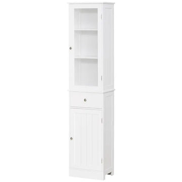Kleankin Slim Bathroom Storage Cabinet Tall Narrow Linen Tower with Acrylic Door Drawer and Shelves White - product image 1