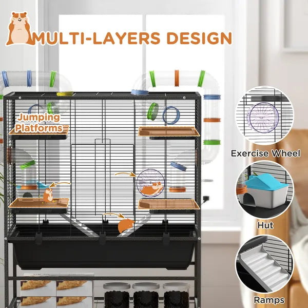 PawHut Small Animal Cage for Syrian Hamster, Dwarf Hamster Gerbil Cage with Tubing System, Running Wheel, Ramps, Platforms - product image 5
