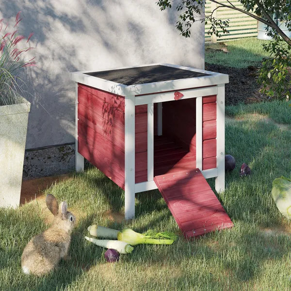 PawHut Small Wooden Rabbit Hutch Bunny Guinea Pig Dog House with Waterproof Openable Roof Red - product image 2