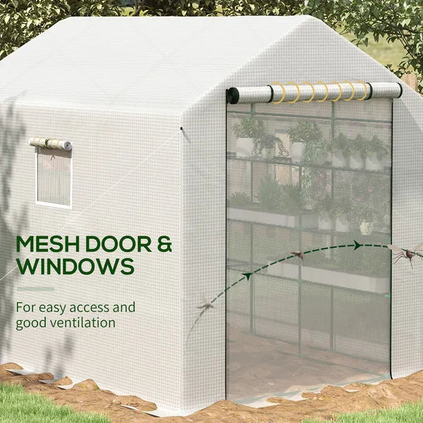Outsunny Spacious Portable Greenhouse with Mesh Door, Shelves, and Plant Labels - 8x6 Ft, White - product image 5