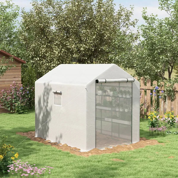 Outsunny Spacious Portable Greenhouse with Mesh Door, Shelves, and Plant Labels - 8x6 Ft, White - product image 2