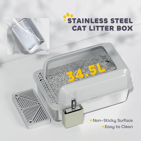 PawHut Stainless Steel Litter Box with Metal Scoop and Scoop Holder, High Sided, Anti-Urine Leakage, Non-Sticky - product image 5