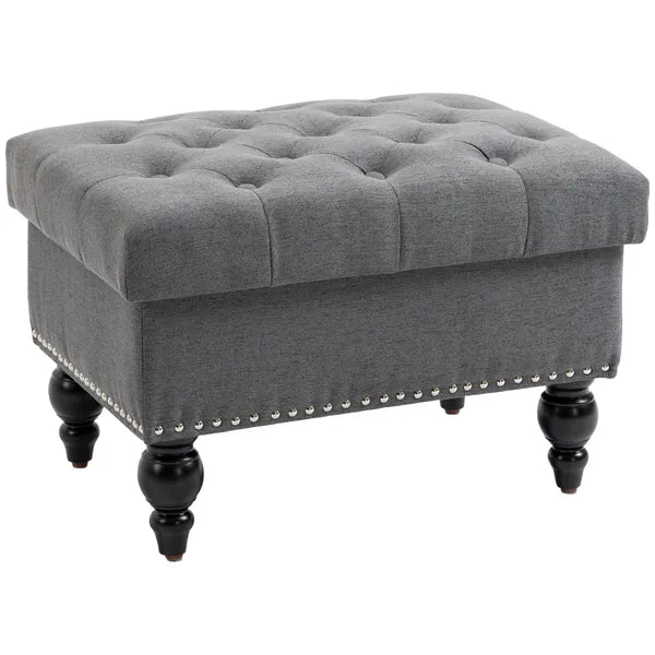 Storage Ottoman 25" with Removable Lid Button-Tufted Fabric Bench Wood Legs Grey Footrest Seat - product image 1