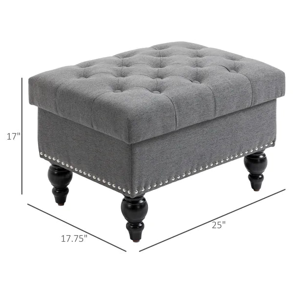 Storage Ottoman 25" with Removable Lid Button-Tufted Fabric Bench Wood Legs Grey Footrest Seat - product image 3