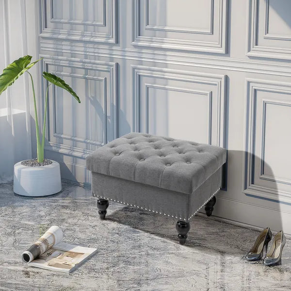 Storage Ottoman 25" with Removable Lid Button-Tufted Fabric Bench Wood Legs Grey Footrest Seat - product image 2