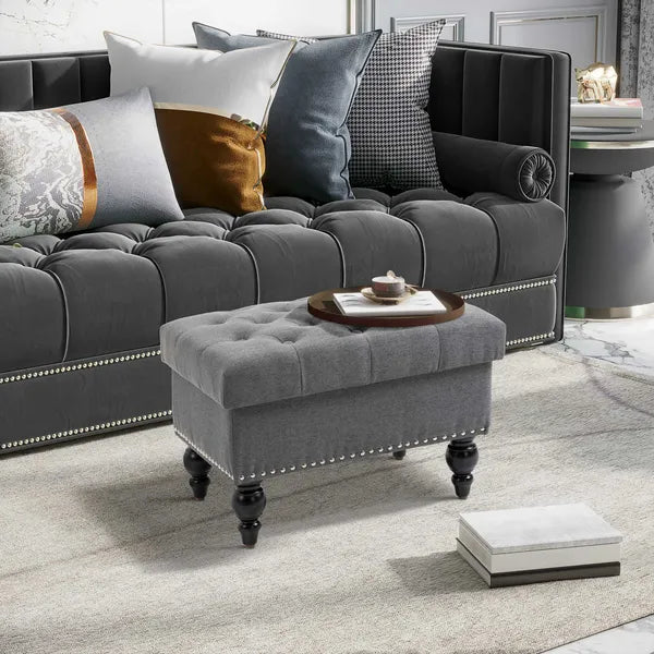 Storage Ottoman 25" with Removable Lid Button-Tufted Fabric Bench Wood Legs Grey Footrest Seat - product image 4
