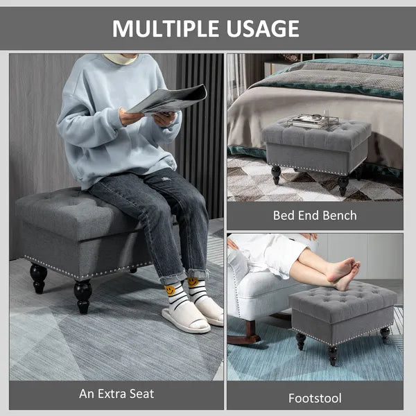 Storage Ottoman 25" with Removable Lid Button-Tufted Fabric Bench Wood Legs Grey Footrest Seat - product image 6