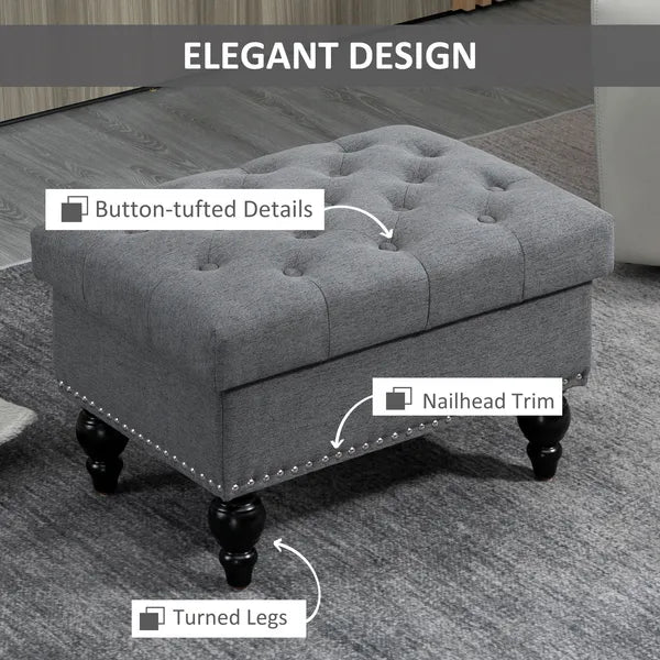 Storage Ottoman 25" with Removable Lid Button-Tufted Fabric Bench Wood Legs Grey Footrest Seat - product image 7