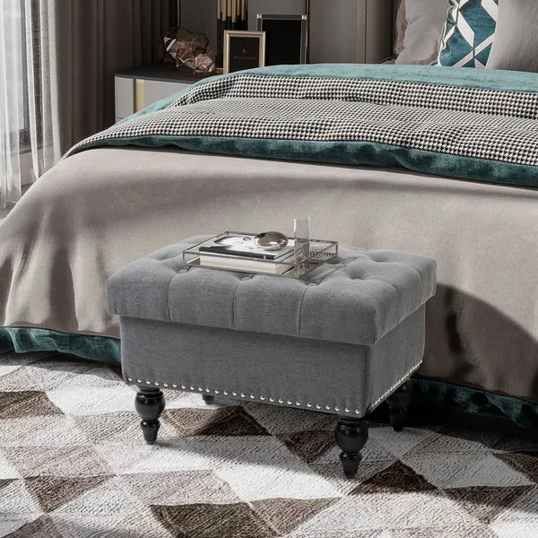 Storage Ottoman 25" with Removable Lid Button-Tufted Fabric Bench Wood Legs Grey Footrest Seat - product image 10