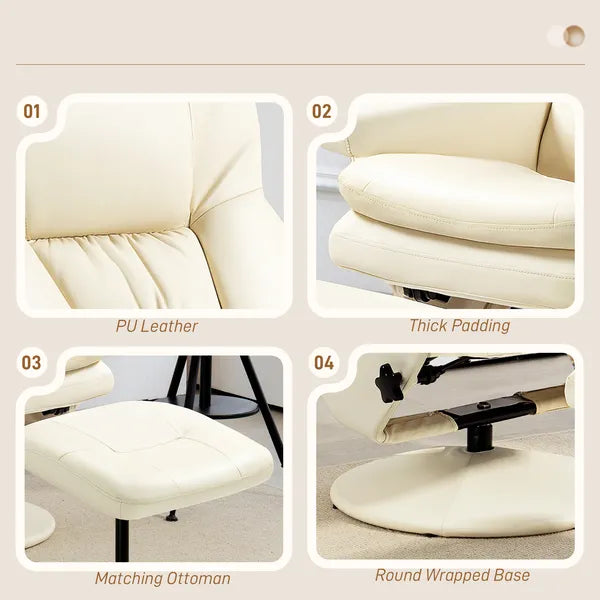 Swivel Recliner Chair with Ottoman, Upholstered Recliner and Footrest with Round Wrapped Base for Living Room, Cream White - product image 6