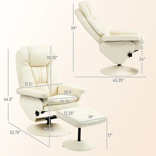 Swivel Recliner Chair with Ottoman, Upholstered Recliner and Footrest with Round Wrapped Base for Living Room, Cream White - product image 3