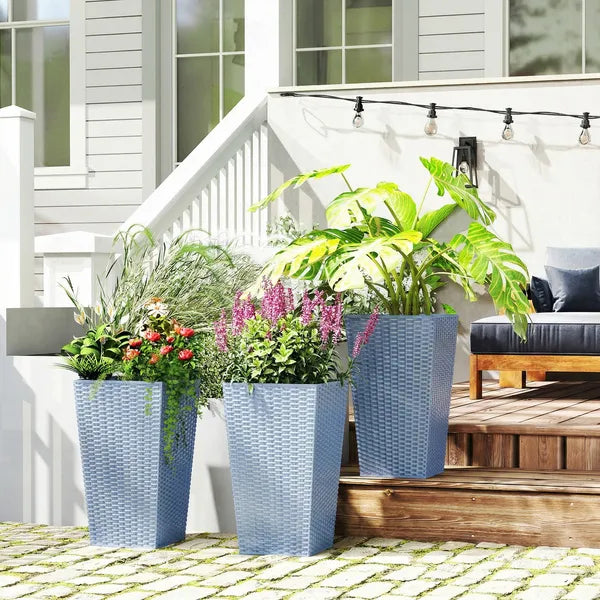 Outsunny Tall Planters for Outdoor Plants Set of 3, 24 In Taper Planters with Drainage Holes, Rattan Decor Plant Pots, Light Gray - product image 9