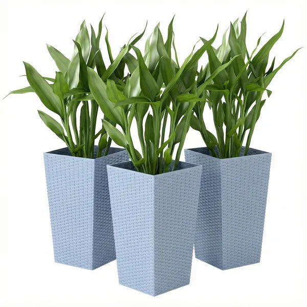 Outsunny Tall Planters for Outdoor Plants Set of 3, 24 In Taper Planters with Drainage Holes, Rattan Decor Plant Pots, Light Gray - product image 1