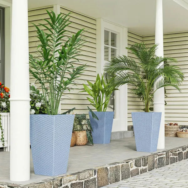 Outsunny Tall Planters for Outdoor Plants Set of 3, 24 In Taper Planters with Drainage Holes, Rattan Decor Plant Pots, Light Gray - product image 2